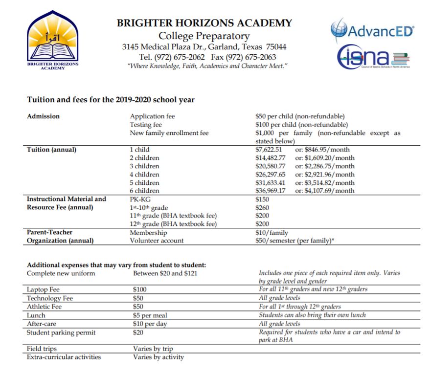 Tuition Schedule And Fees Brighter Horizons Academy