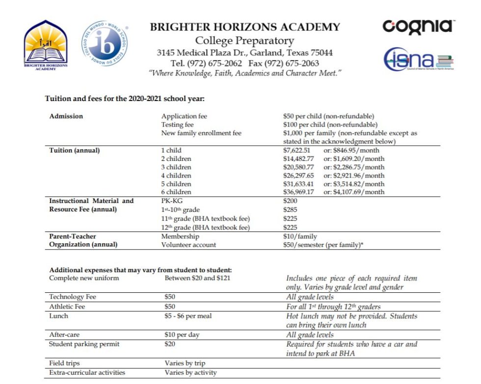 Tuition Schedule and Fees Brighter Horizons Academy