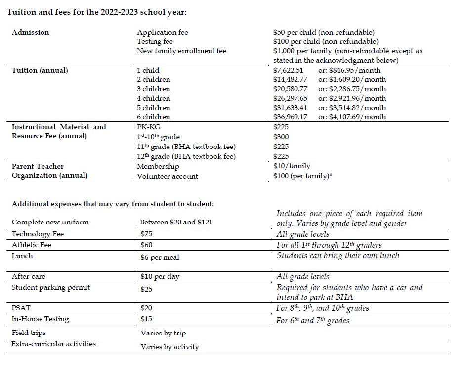 Tuition Schedule and Fees - Brighter Horizons Academy